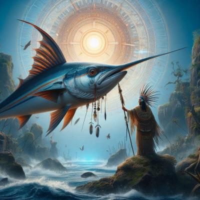 A photorealistic image of a swordfish in its natural habitat with a shamanic touch