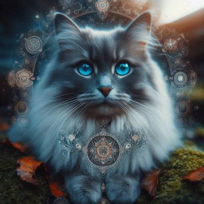 Chat de goutiere avec de magnifiques yeux bleu clair dans une vision chamanique