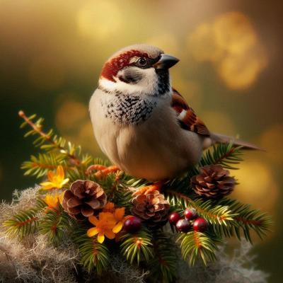 Moineau dans son milieu naturel avec une touche chamanique et encore plus de nature
