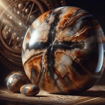 Photorealistic image of polished chiastolite with its darker brownish color and distinct black cross inspired by the provided reference image with a small shamanic touch in the bac