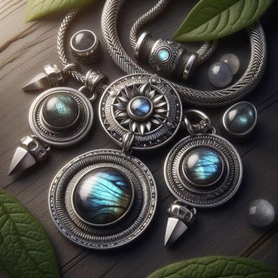 Photorealistic image of silver jewelry themed around lithotherapy with labradorite pendants