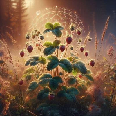 Photorealistic image of wild strawberry plant with a mystical and shamanic touch in a natural setting